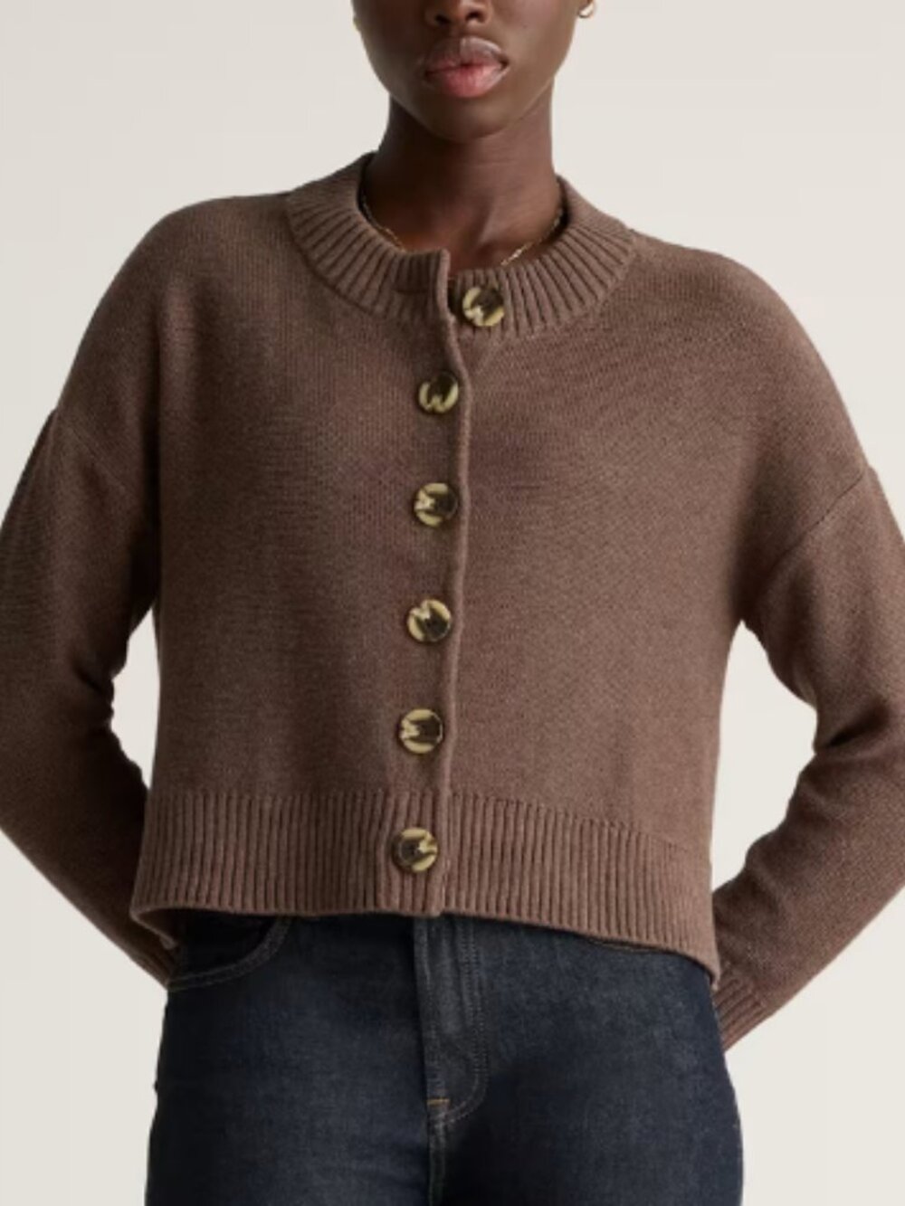 Quince 100% Organic Cotton Cropped Cardigan Heather Brown XL NWT